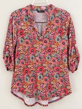 Heimish USA L Floral Tunic Blouse Pink Boho 3/4 Roll Tab Sleeve Split Neck